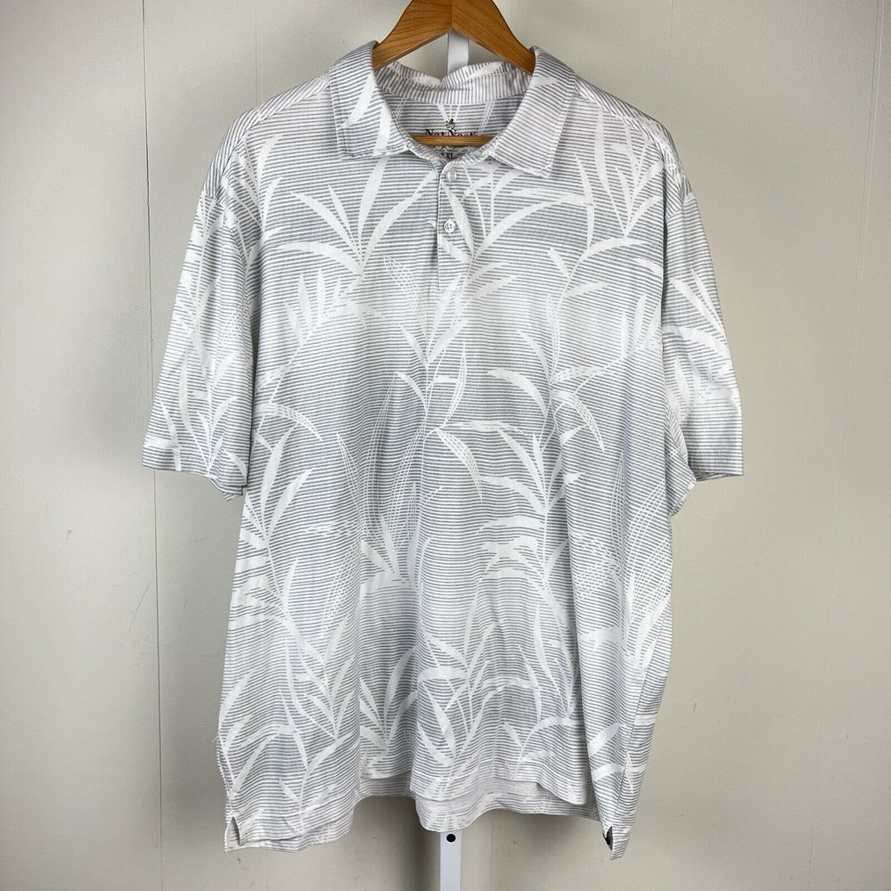 Nat Nast Men's Polo Shirt Gray White Leaf Print Short Sleeve Size XXL